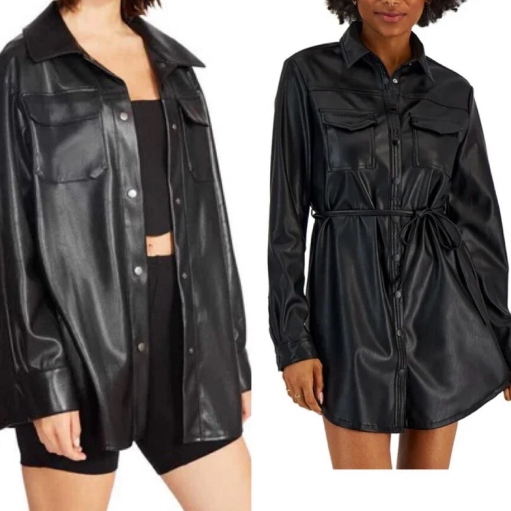 Kit & Sky Faux-Leather Shacket Mini Shirt Dress Blouse Long Small in Black